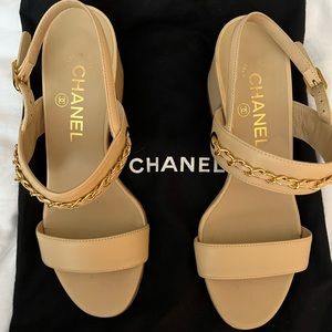 Chanel Beige Heeled Sandals with Chain & Charms